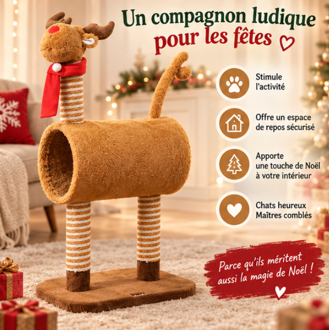 Arbre à chat renne de Noël avec tunnel et griffoirs – 98 cm
