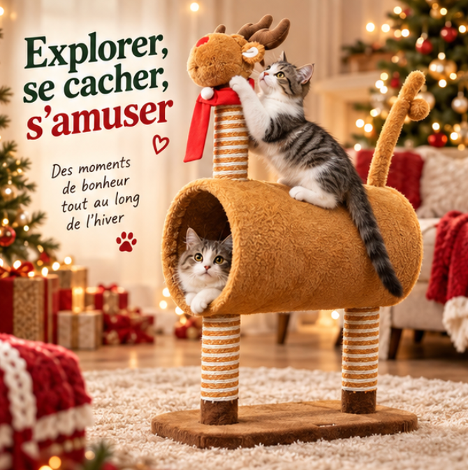 Arbre à chat renne de Noël avec tunnel et griffoirs – 98 cm