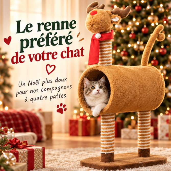 Arbre à chat renne de Noël avec tunnel et griffoirs – 98 cm