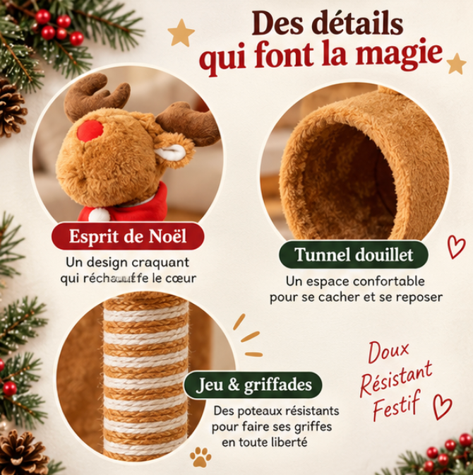 Arbre à chat renne de Noël avec tunnel et griffoirs – 98 cm