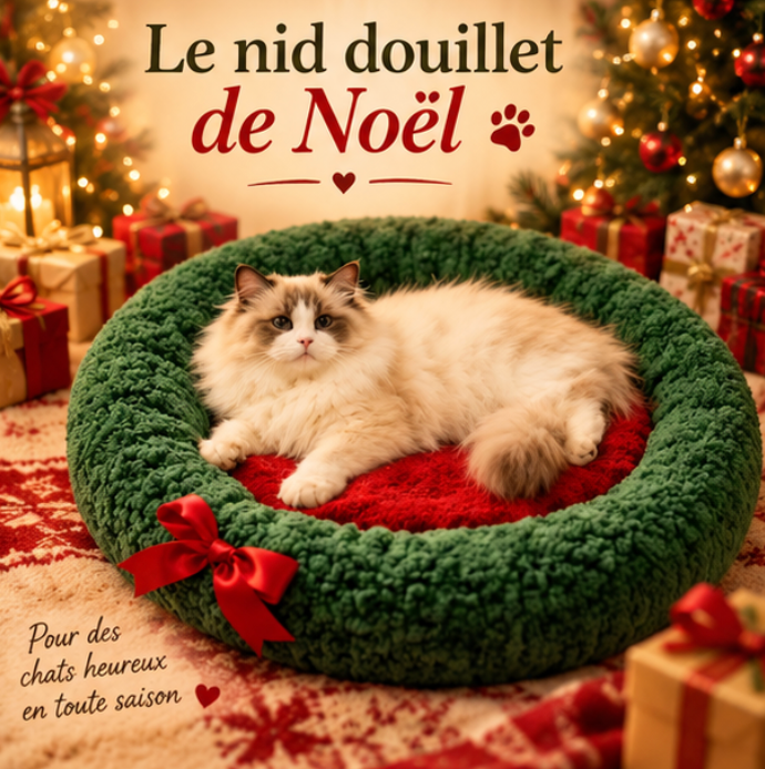Panier rond de Noël pour chat avec nœud rouge – 50 cm