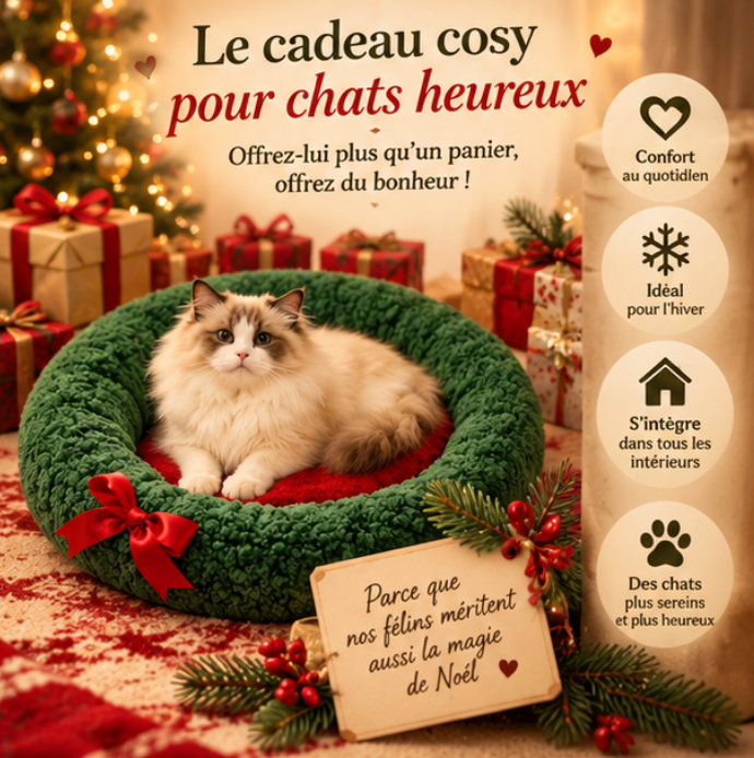 Panier rond de Noël pour chat avec nœud rouge – 50 cm
