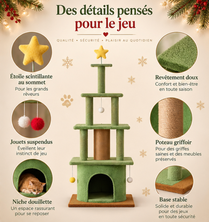 Arbre à chat sapin de Noël avec 3 niches – 162 cm
