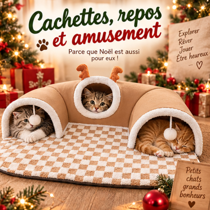 Lit tunnel de Noël pour chat avec tapis douillet et pompons