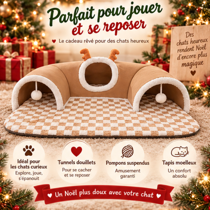 Lit tunnel de Noël pour chat avec tapis douillet et pompons