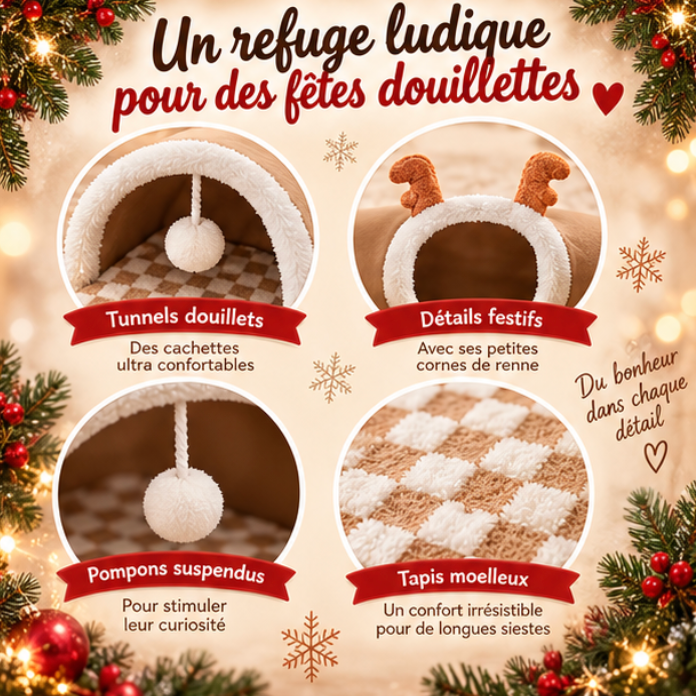 Lit tunnel de Noël pour chat avec tapis douillet et pompons