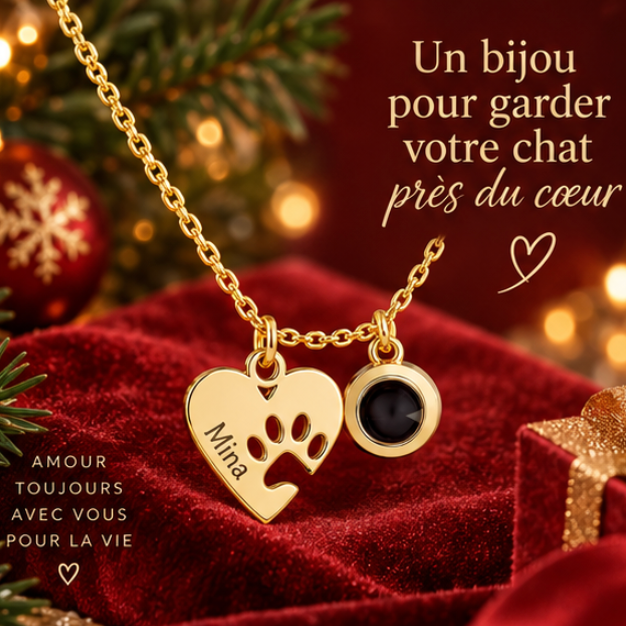 Collier cœur et patte personnalisé avec photo et prénom de votre animal