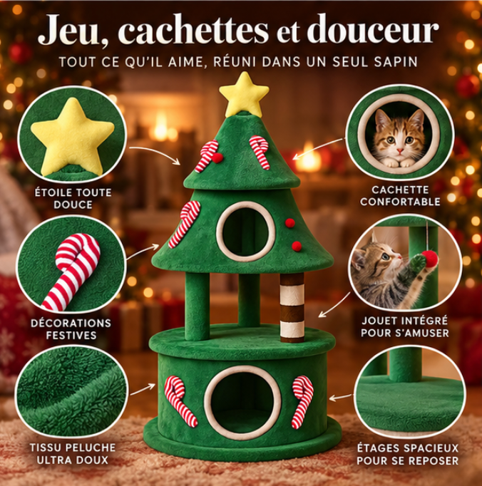 Arbre à chat sapin de Noël en bois avec deux niches – 144 cm