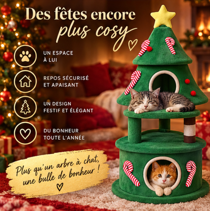 Arbre à chat sapin de Noël en bois avec deux niches – 144 cm