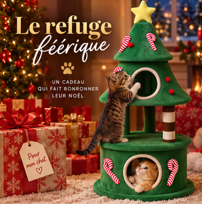 Arbre à chat sapin de Noël en bois avec deux niches – 144 cm