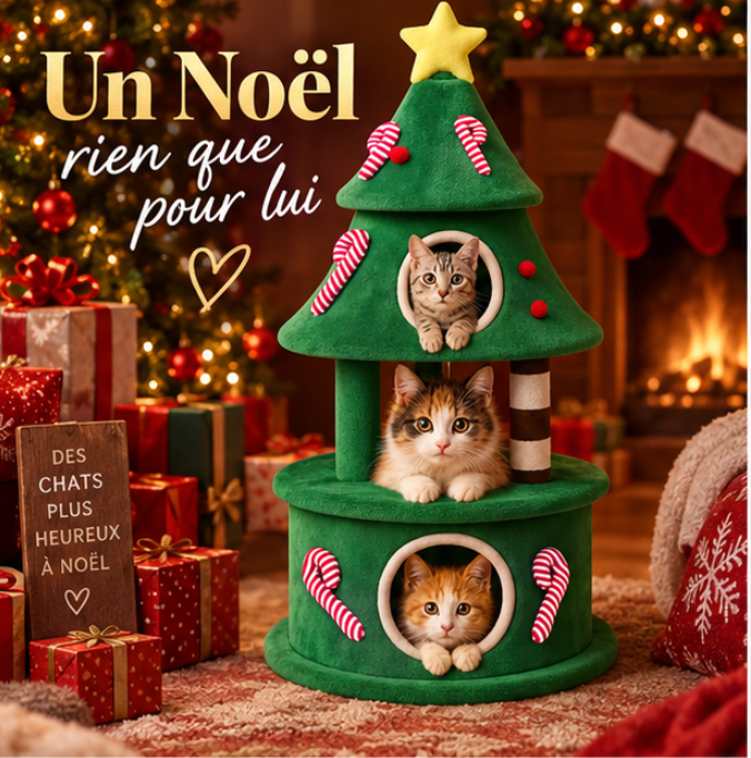 Arbre à chat sapin de Noël en bois avec deux niches – 144 cm