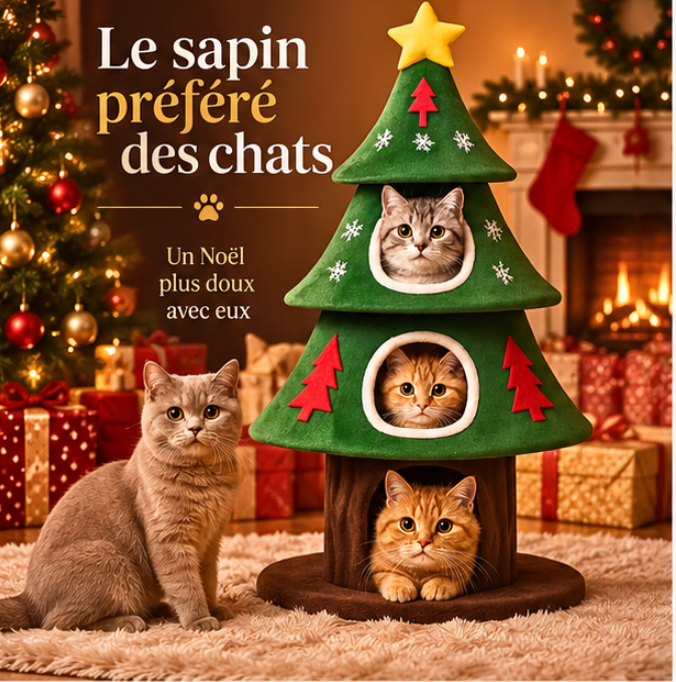 Arbre à chat sapin de Noël en bois avec trois niches – 140 cm