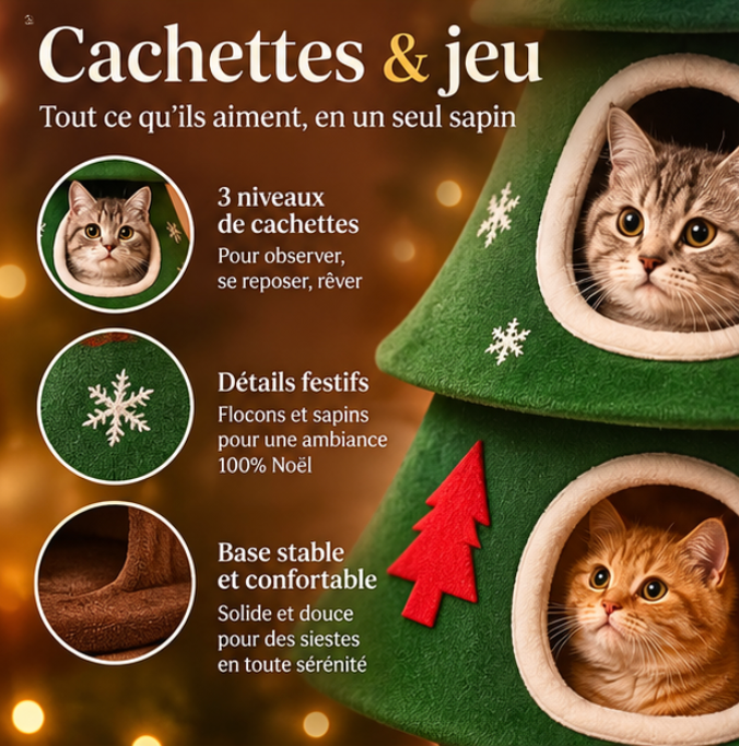 Arbre à chat sapin de Noël en bois avec trois niches – 140 cm