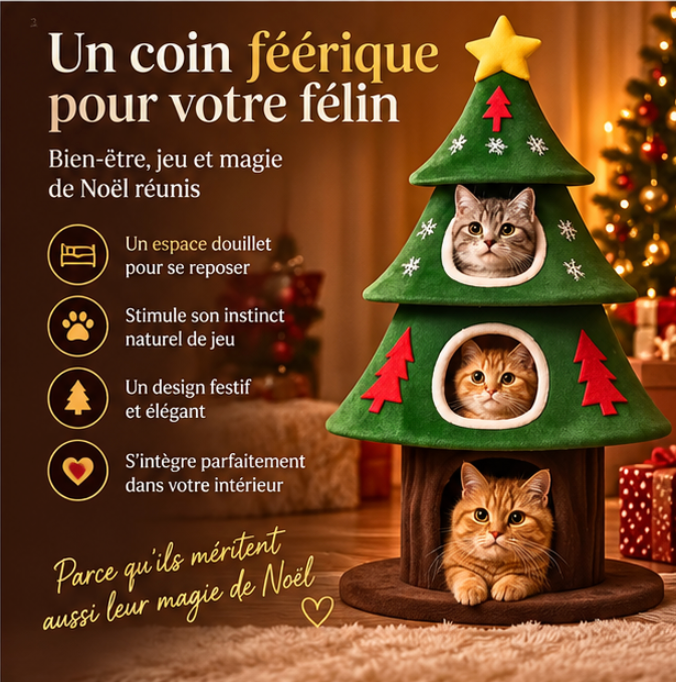 Arbre à chat sapin de Noël en bois avec trois niches – 140 cm