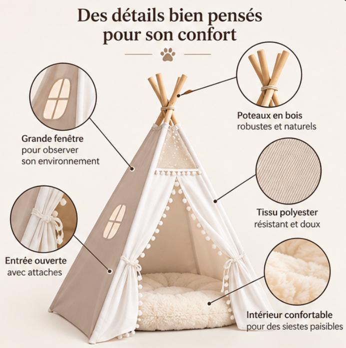 Tipi pliable pour chat en polyester et bois