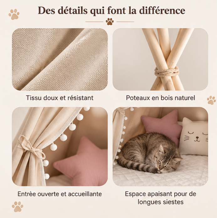 Tente tipi pour chat avec tapis moelleux et coussins