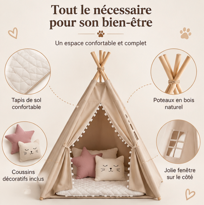 Tente tipi pour chat avec tapis moelleux et coussins