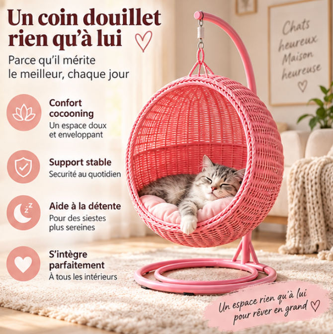 Panier suspendu pour chat en rotin synthétique avec coussin lavable
