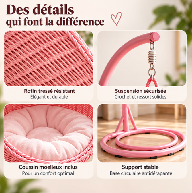 Panier suspendu pour chat en rotin synthétique avec coussin lavable