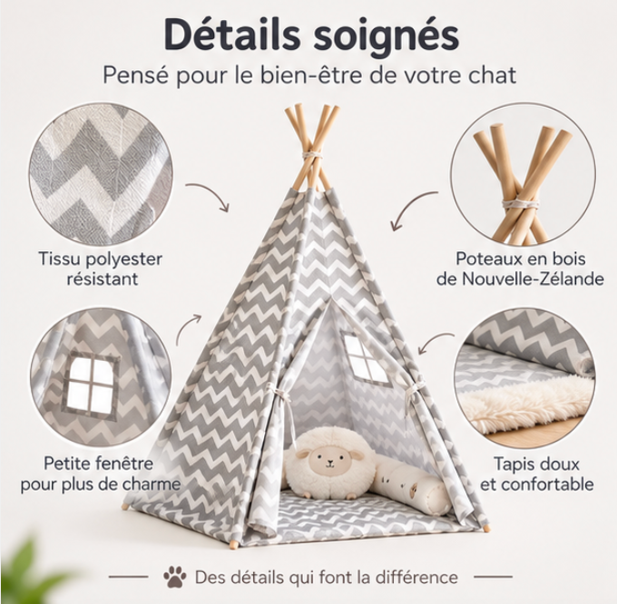 Tipi pour chat en coton et bois de pin à motifs chevrons