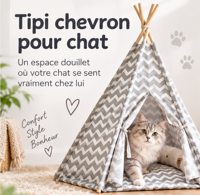 Tipi pour chat en coton et bois de pin à motifs chevrons