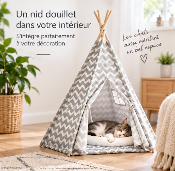 Tipi pour chat en coton et bois de pin à motifs chevrons