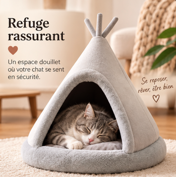 Lit tipi pour chat en peluche avec coussin douillet