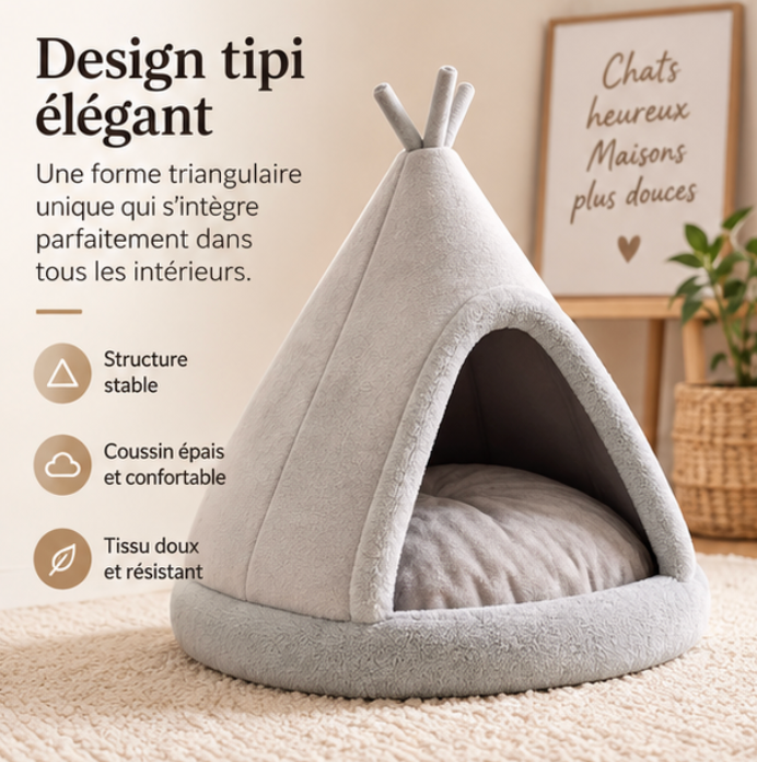 Lit tipi pour chat en peluche avec coussin douillet