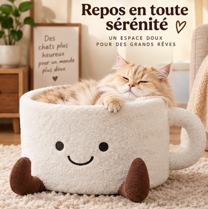Lit pour chat en forme de tasse avec griffoir intégré