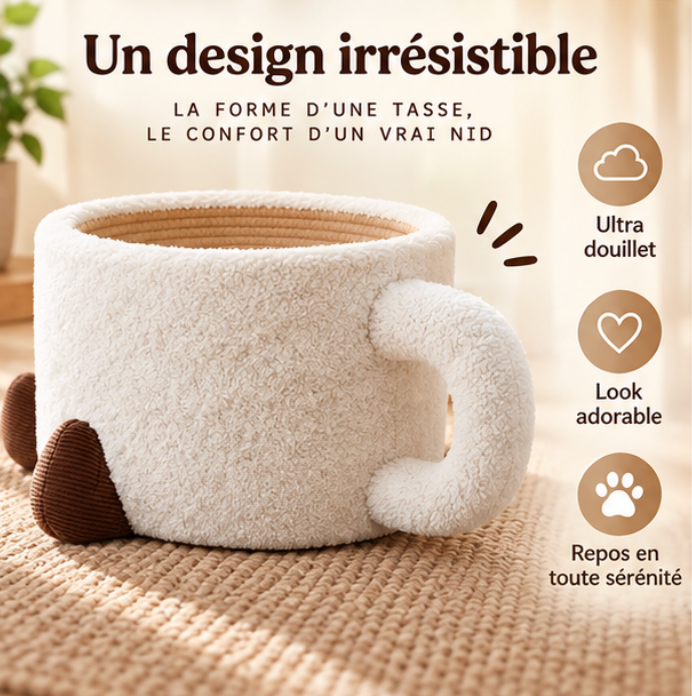 Lit pour chat en forme de tasse avec griffoir intégré