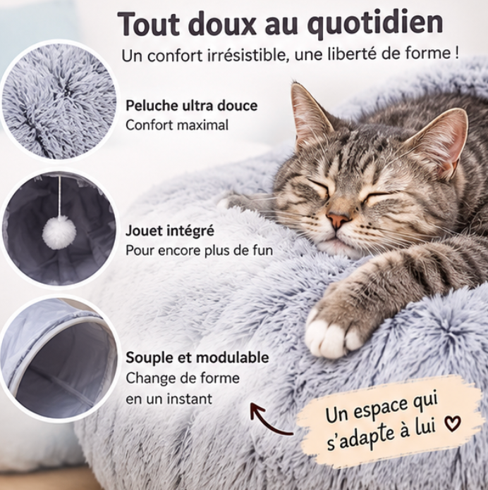 Lit tunnel modulable pour chat en peluche grise