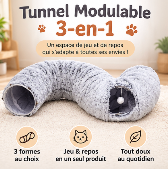 Lit tunnel modulable pour chat en peluche grise