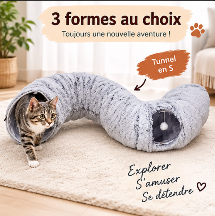 Lit tunnel modulable pour chat en peluche grise