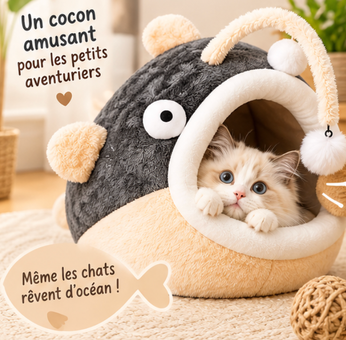 Lit pour chat en forme de poisson-lanterne avec pompon