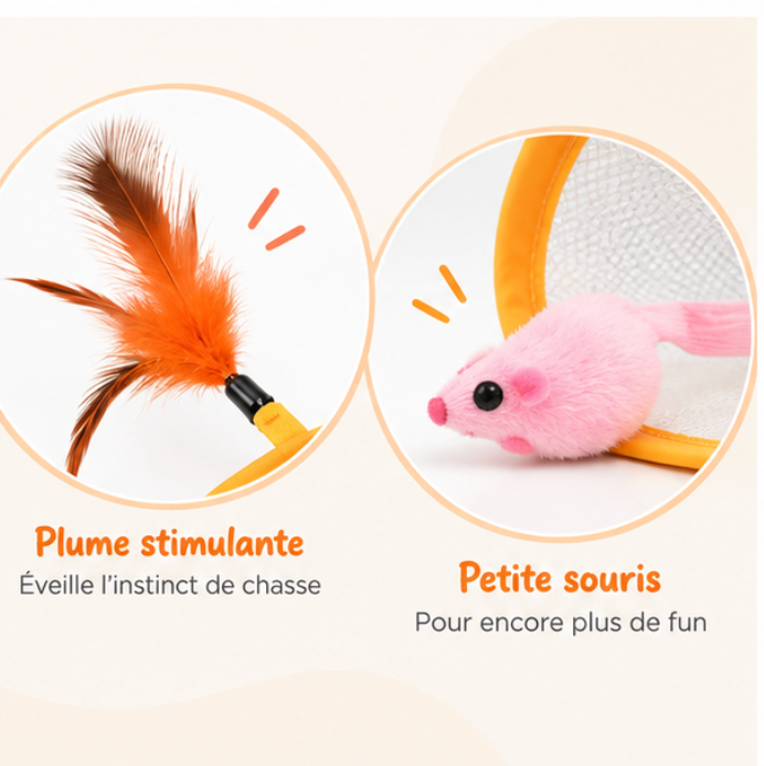 Tunnel pliable pour chat en maille avec souris et plumes