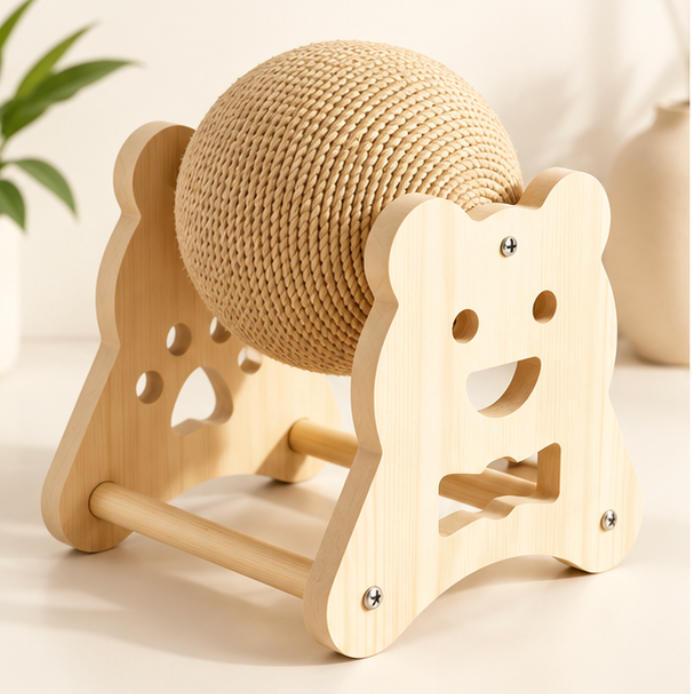 Balle griffoir pour chat avec support en bois ourson