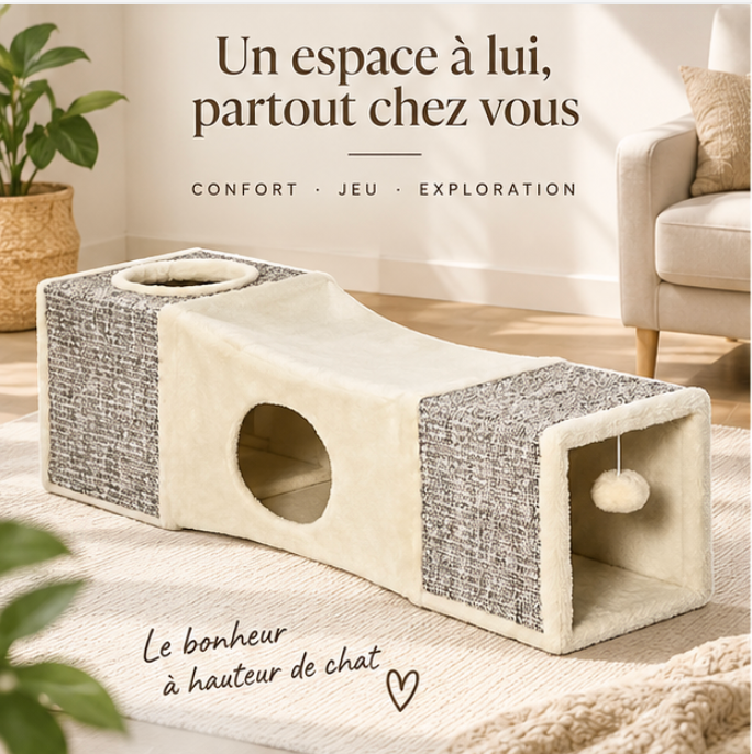 Tunnel rétractable pour chat avec niches et griffoirs en sisal