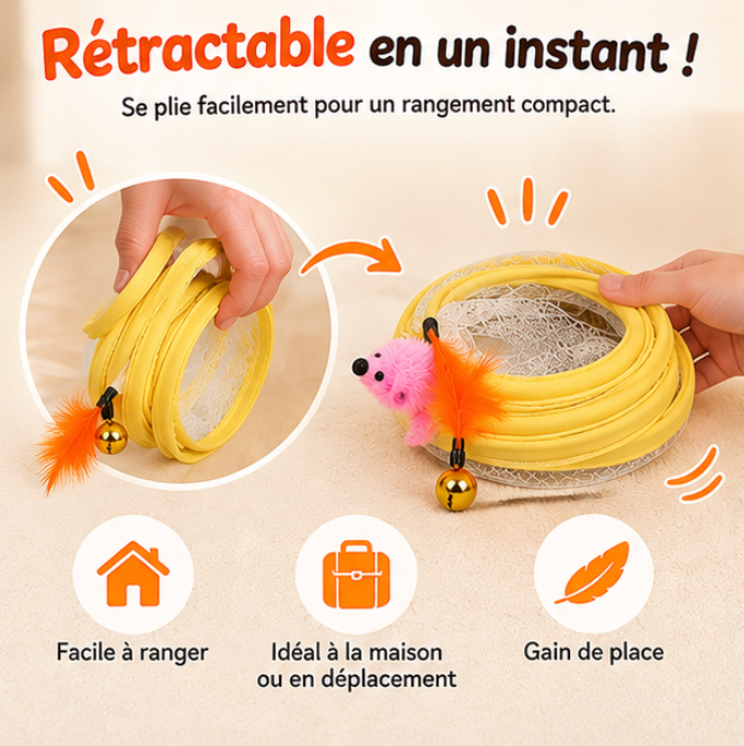 Tunnel pliable pour chat en maille avec souris et plumes