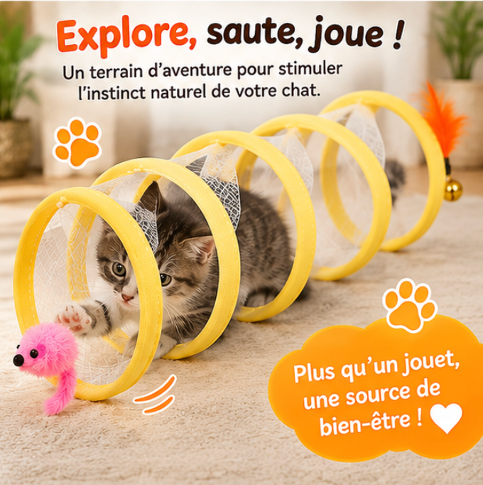 Tunnel pliable pour chat en maille avec souris et plumes