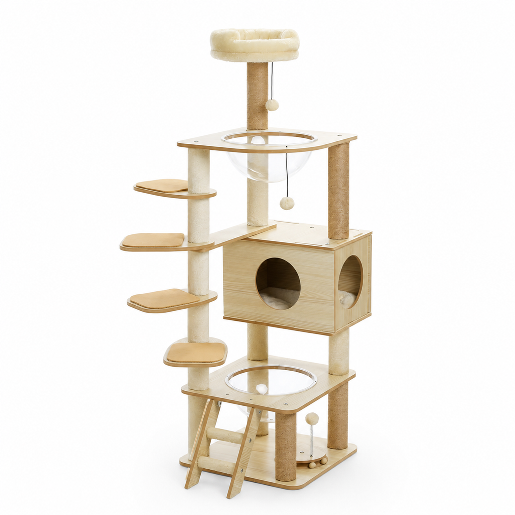 Arbre à chat en bois avec niche