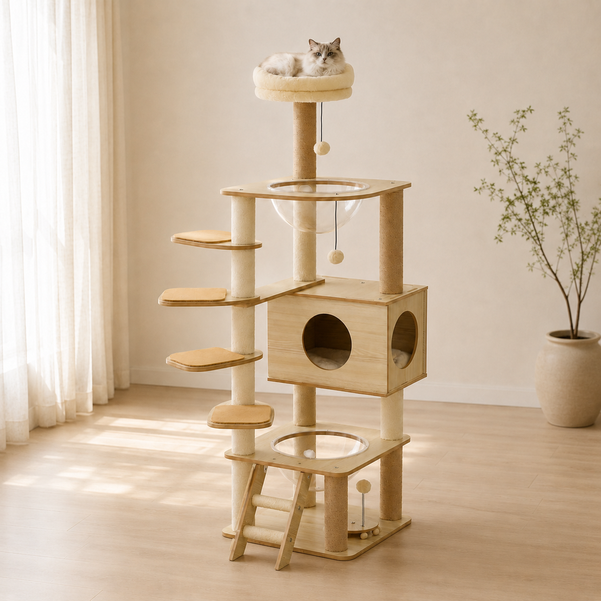 Arbre à chat en bois avec niche