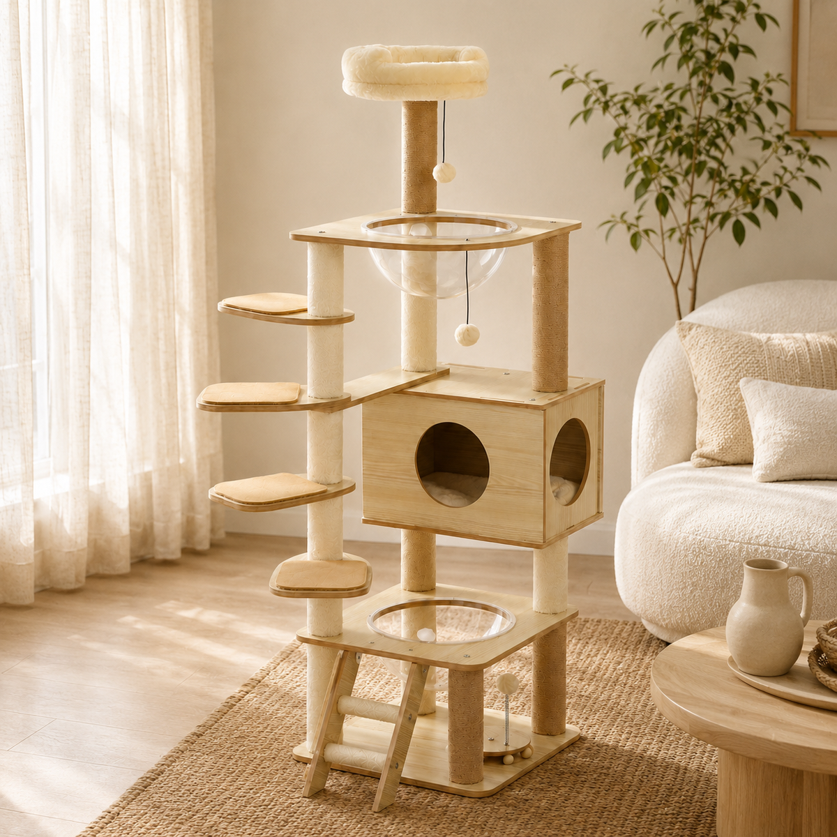 Arbre à chat en bois avec niche