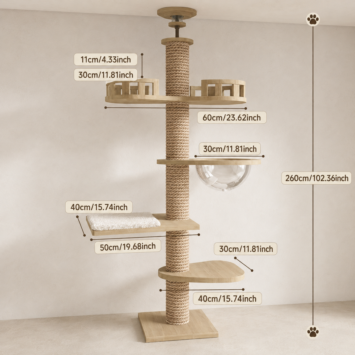 Arbre à chat design en bois massif réglable au plafond