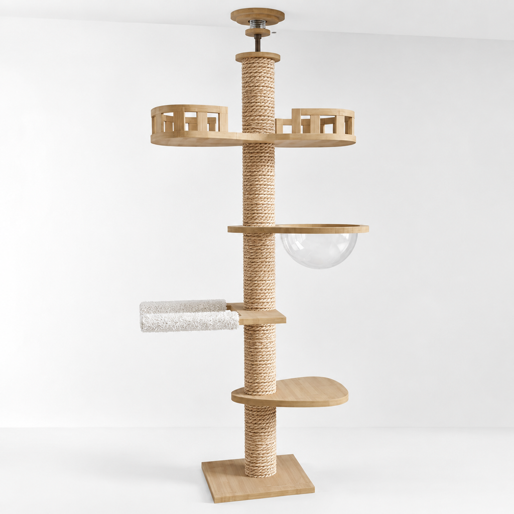 Arbre à chat design en bois massif réglable au plafond