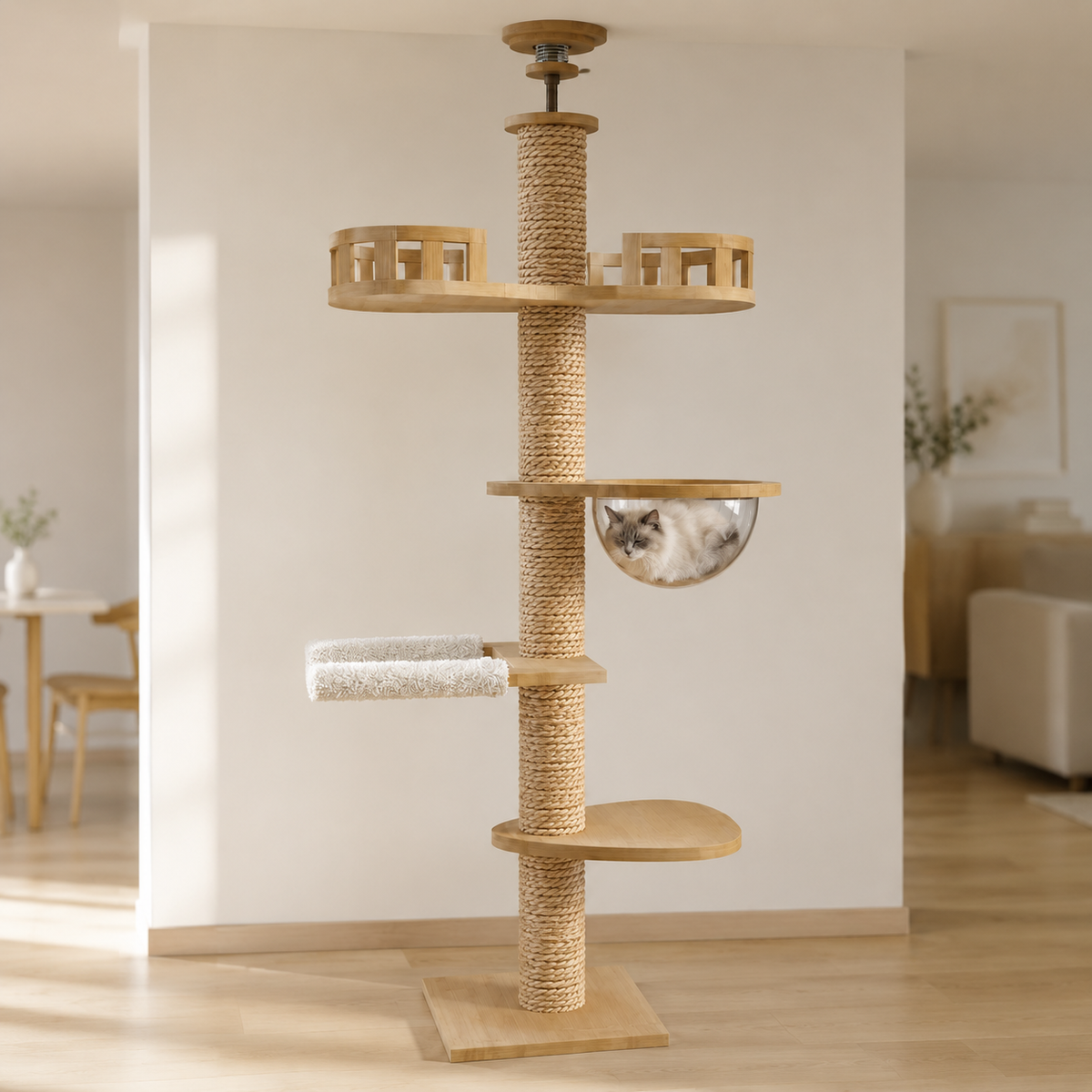 Arbre à chat design en bois massif réglable au plafond