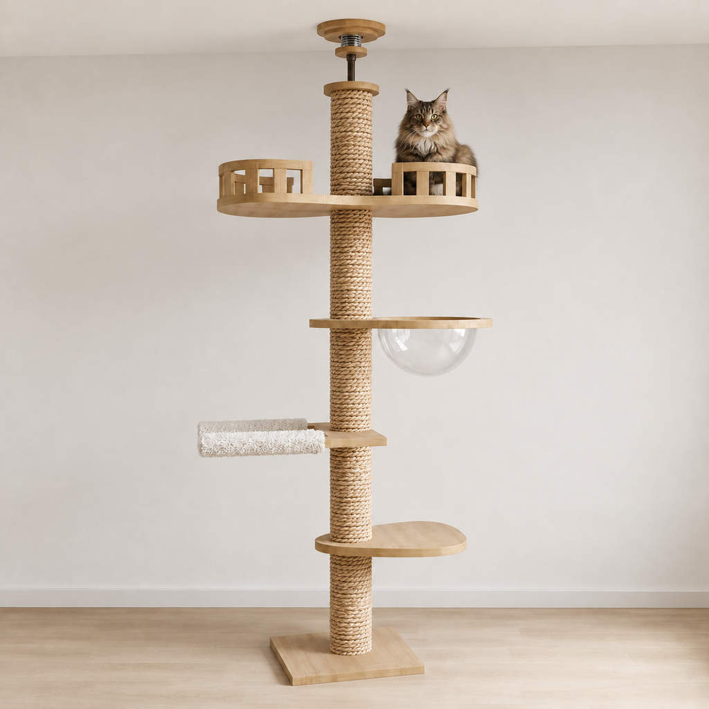 Arbre à chat design en bois massif réglable au plafond