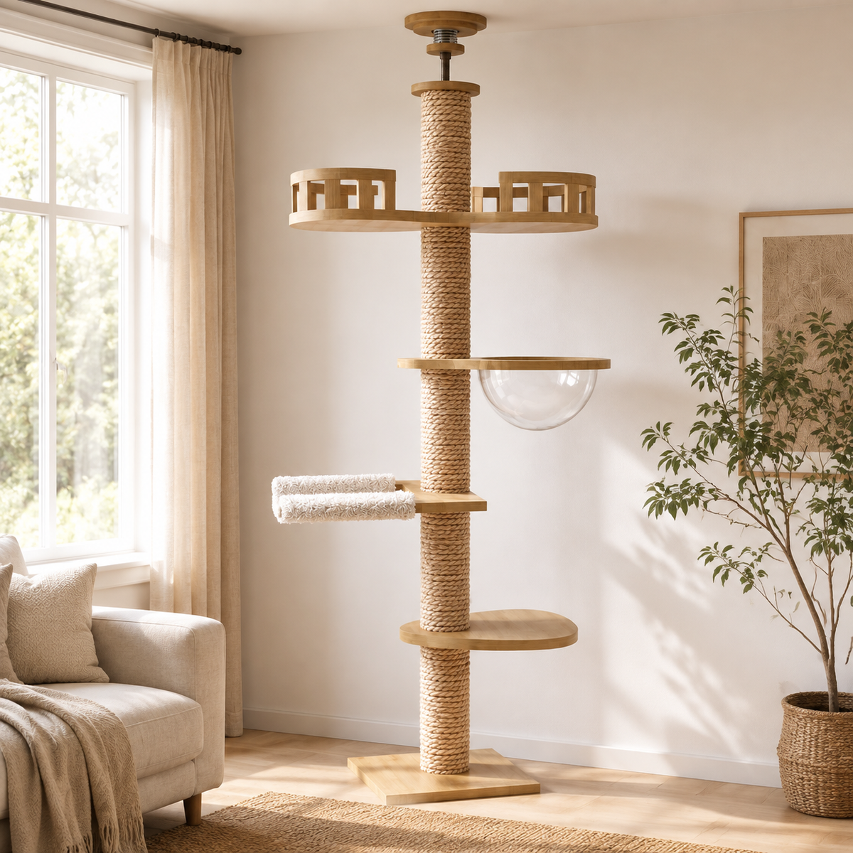 Arbre à chat design en bois massif réglable au plafond