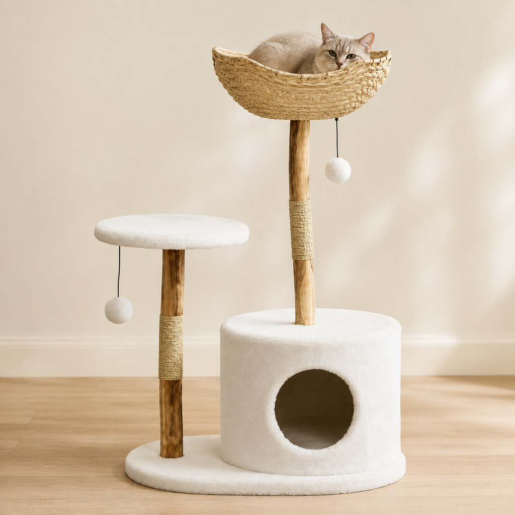 Arbre à chat design en bois et rotin