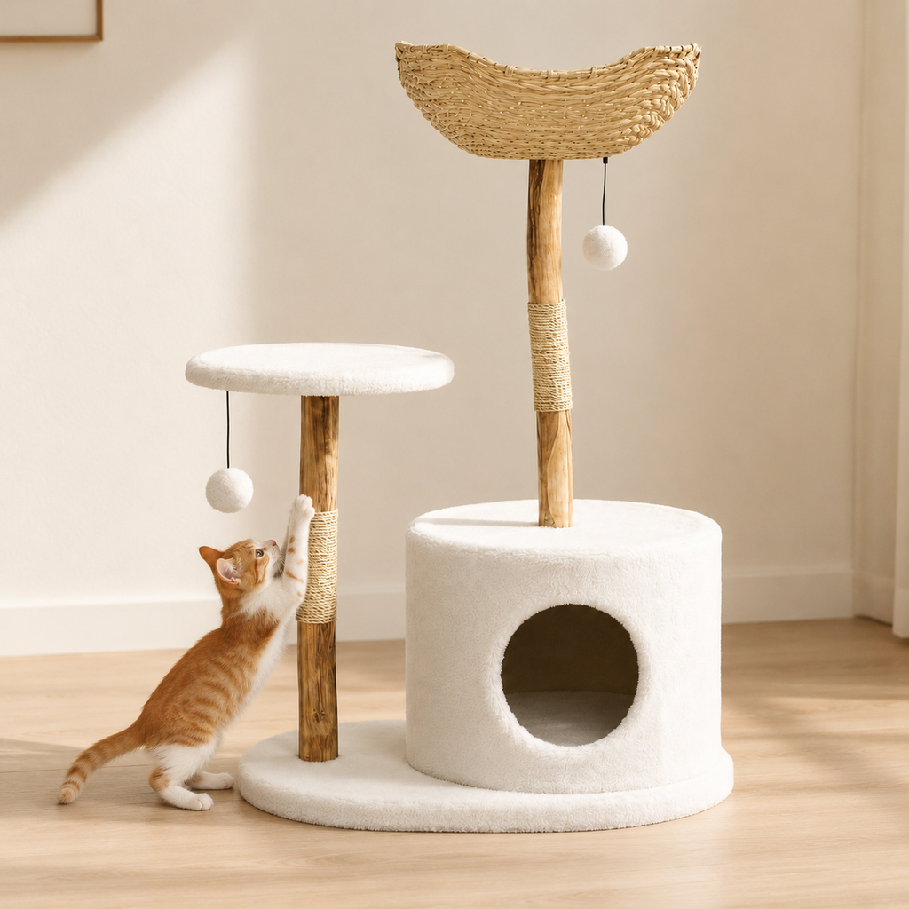 Arbre à chat design en bois et rotin
