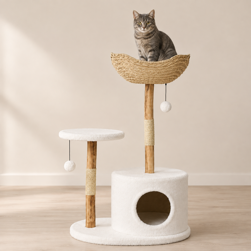 Arbre à chat design en bois et rotin